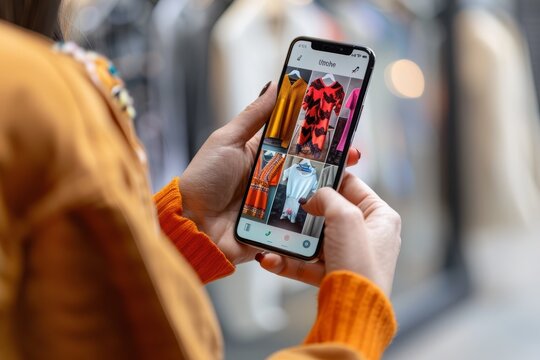 Closeup of a womans hands using a smartphone to take a picture of the MgRAF fashion app displaying digital mockups