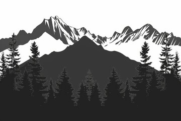Black silhouette of mountains and fir trees, camping adventure wildlife landscape panorama, isolated vector illustration icon