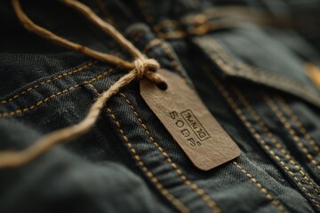 Detailed close-up shot of a label on a pair of jeans showcasing branding elements and design details for marketing purposes - Powered by Adobe