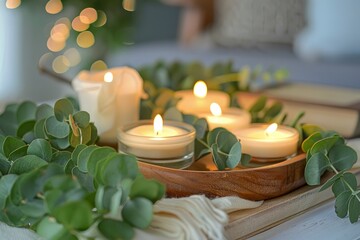 Fototapeta na wymiar Eucalyptus leaves, candles, and books on a wooden tray placed on a table