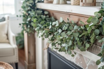 High-angle view of a living room with a fireplace adorned with a eucalyptus garland, adding a touch of greenery and freshness to the space