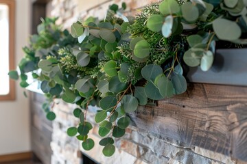 High-angle view of a fireplace mantle adorned with a eucalyptus garland, bringing a fresh and green touch to the room