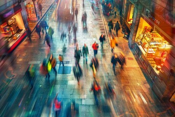 Busy crowd of people walking down a city street lined with tall buildings and colorful storefronts, capturing the urban energy of a bustling city