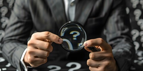 Analyzing Problems and Finding Solutions: Businessman Using a Magnifying Glass. Concept Business Strategy, Problem Solving, Critical Thinking, Magnifying Glass, Financial Analysis