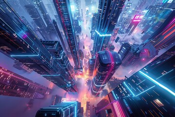A high-angle view of a futuristic city with towering skyscrapers illuminated by neon lights, creating a sci-fi inspired urban landscape