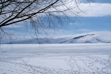 Obraz premium Frozen Cildir Lake in Kars Province to Turkey