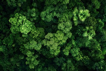 A high-angle view of a dense forest with vibrant green trees and dappled sunlight filtering through...