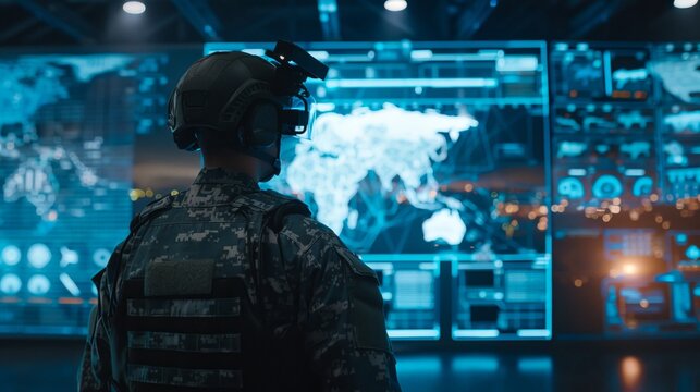 Military strategist in virtual reality orchestrating global operations with a 3D tactical interface