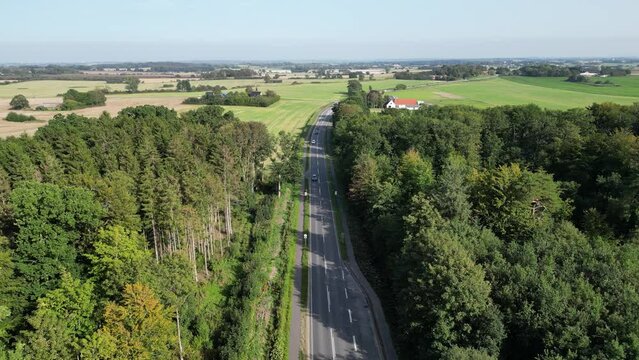 Aerial shot of a road surrounded by trees with cars passing through in Denmark.