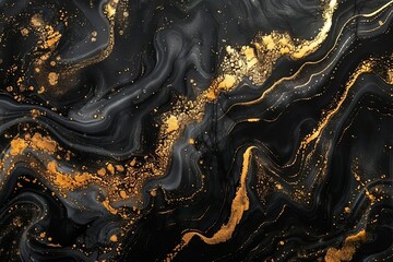 Black and gold wavy abstract pattern, horizontal banner with acrylic paint pouring rock marble texture - obrazy, fototapety, plakaty
