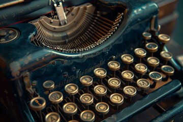 Detailed view of a vintage typewriter, showcasing its retro design and nostalgic appeal - obrazy, fototapety, plakaty