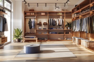 A large walk-in closet showcasing an array of clothes neatly organized on racks and shelves