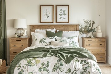 A bedroom decorated in eucalyptus theme with a bed covered in a green and white comforter and botanical prints bedding