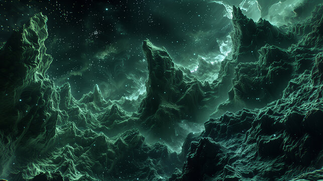 abstract background of Mysterious dark green object in space look a like creepy mountains, fantasy and surrreal wallpaper or banner