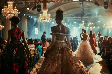 A group of stylish women in glamorous gowns walking confidently down a fashion runway during a haute couture event