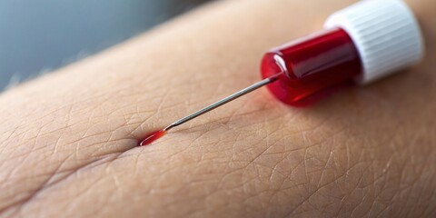 close-up needle and blood-filled cannula from a needle stick to donate blood, appeal for june 14 world blood donor day in hospital, healthcare and charity, helping people, good conscience, copy space - obrazy, fototapety, plakaty