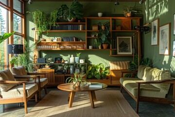 A wide-angle view of a living room filled with furniture and numerous plants, including eucalyptus accents on shelves, walls, and furniture