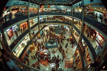Fototapeta na wymiar A wide-angle view of a crowded shopping mall during a sale event, showcasing the competitive nature of consumer choices as people walk around