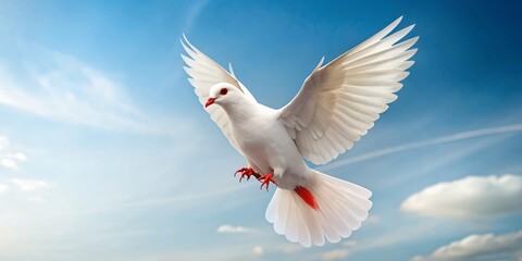 white flying dove on blue background to remind the 14th of june World Blood Donor Day in hospital, Healthcare and charity, Helping people, Good conscience, copy space - obrazy, fototapety, plakaty