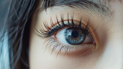 A detailed view of a human eye with remarkably long eyelashes, highlighting the intricate details of the iris and lashes - obrazy, fototapety, plakaty