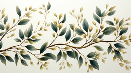 A painting of a leafy green branch with a white background