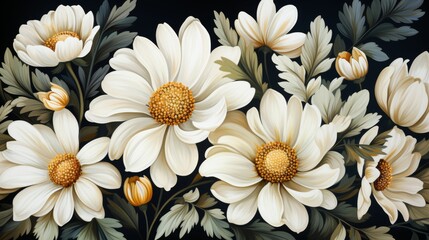 A painting of a field of white flowers with a black background
