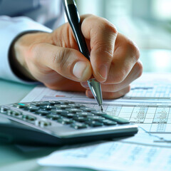 close up of a hand writing with a calculator, close up