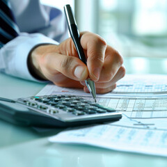 close up of a hand writing and a calculator