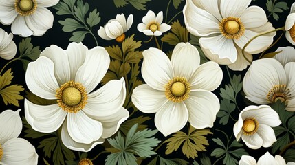 A black and white floral painting with white flowers