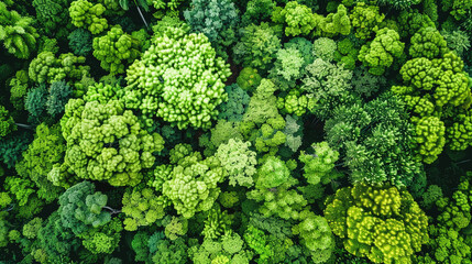 Aerial top view of green trees in forest. Drone view of dense green tree captures CO2. Green tree nature background for carbon neutrality and net zero emissions concept. Sustainable green environment
