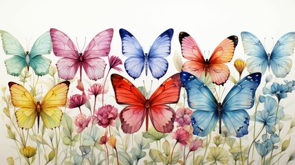 A colorful painting of several butterflies in a field of flowers