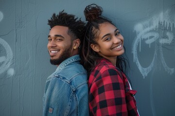 Young couple in casual clothing smiling back to back. Urban lifestyle and relationship concept....