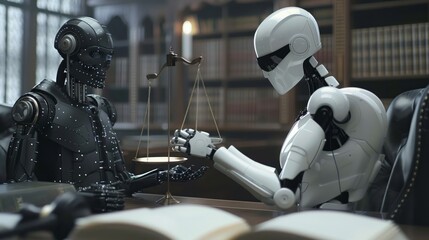 Legal bot negotiating contracts ensuring justice in digital and human realms - obrazy, fototapety, plakaty