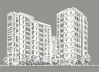 Architectural sketch of a multistory buildings. Freehand pencil drawing. Vector