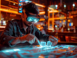 Las Vegas Casino Dealer dealing cards in an augmented reality casino bets in cryptocurrency - obrazy, fototapety, plakaty