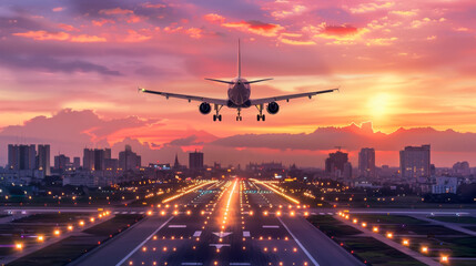 Fototapeta na wymiar Passenger commercial plane landing at sunset, passenger airplane transport.