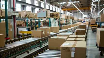 Interior of a warehouse with parcels on conveyor belts and shelves filled with boxes, illustrating a busy distribution center.