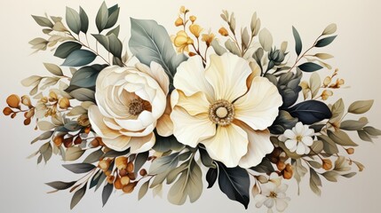 A painting of a flower bouquet with a white flower in the center