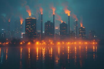 Fototapeta premium An ominous view of industrial pollution over a city at night, showcasing environmental issues