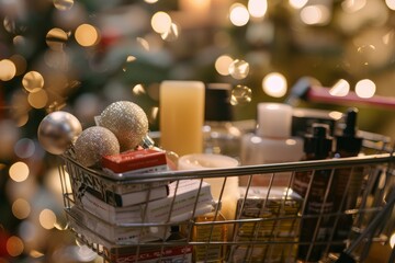 A shopping cart filled with various Christmas decorations and candles for holiday-themed selfcare and mindfulness promotion