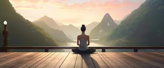 Fotobehang Meditation nature, women practicing breathing yoga and mindfulness on a mountain background © Katewaree
