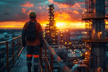 A lone worker in reflective gear stands before a vibrant industrial landscape bathed in the orange hues of sunset