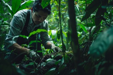 A scientist conducting fieldwork in a dense rainforest, collecting botanical samples