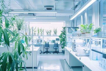 A room filled with numerous plants positioned next to a window, portraying a botanical laboratory setting with modern equipment and bright lighting - obrazy, fototapety, plakaty