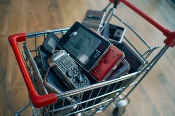 Overhead view of a shopping cart on a wooden floor, packed with various electronic devices and tech gifts, symbolizing modern holiday shopping trends