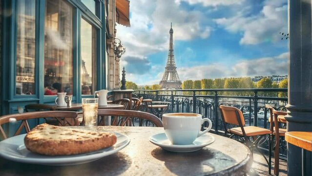 street cafe in paris, with the Eiffel Tower in the background, cartoon or anime watercolor digital painting illustration style. seamless looping 4k video animation background.