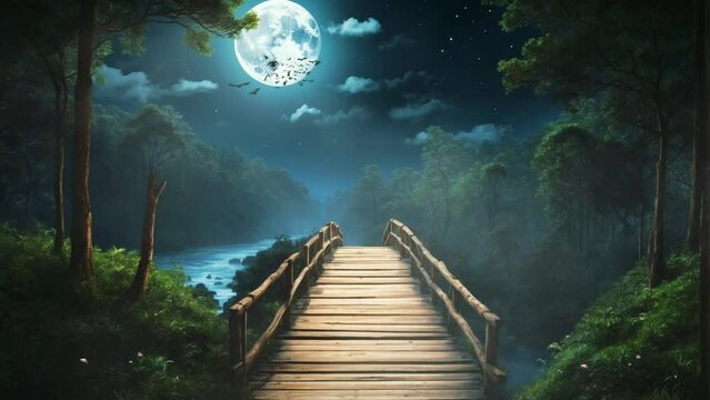 view of the Pine forest bridge at night and bright moonlight. 4K seamless looping virtual video animation background
