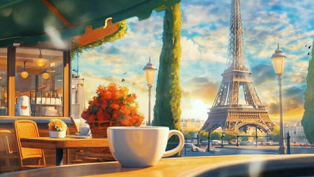 street cafe in paris, with the Eiffel Tower in the background, cartoon or anime watercolor digital painting illustration style. seamless looping 4k video animation background.