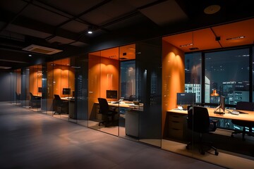 Modern Office Space After Hours with Illuminated Workstations
