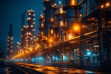 The glowing lights of an industrial plant at night create a dramatic and powerful atmosphere amongst the pipes